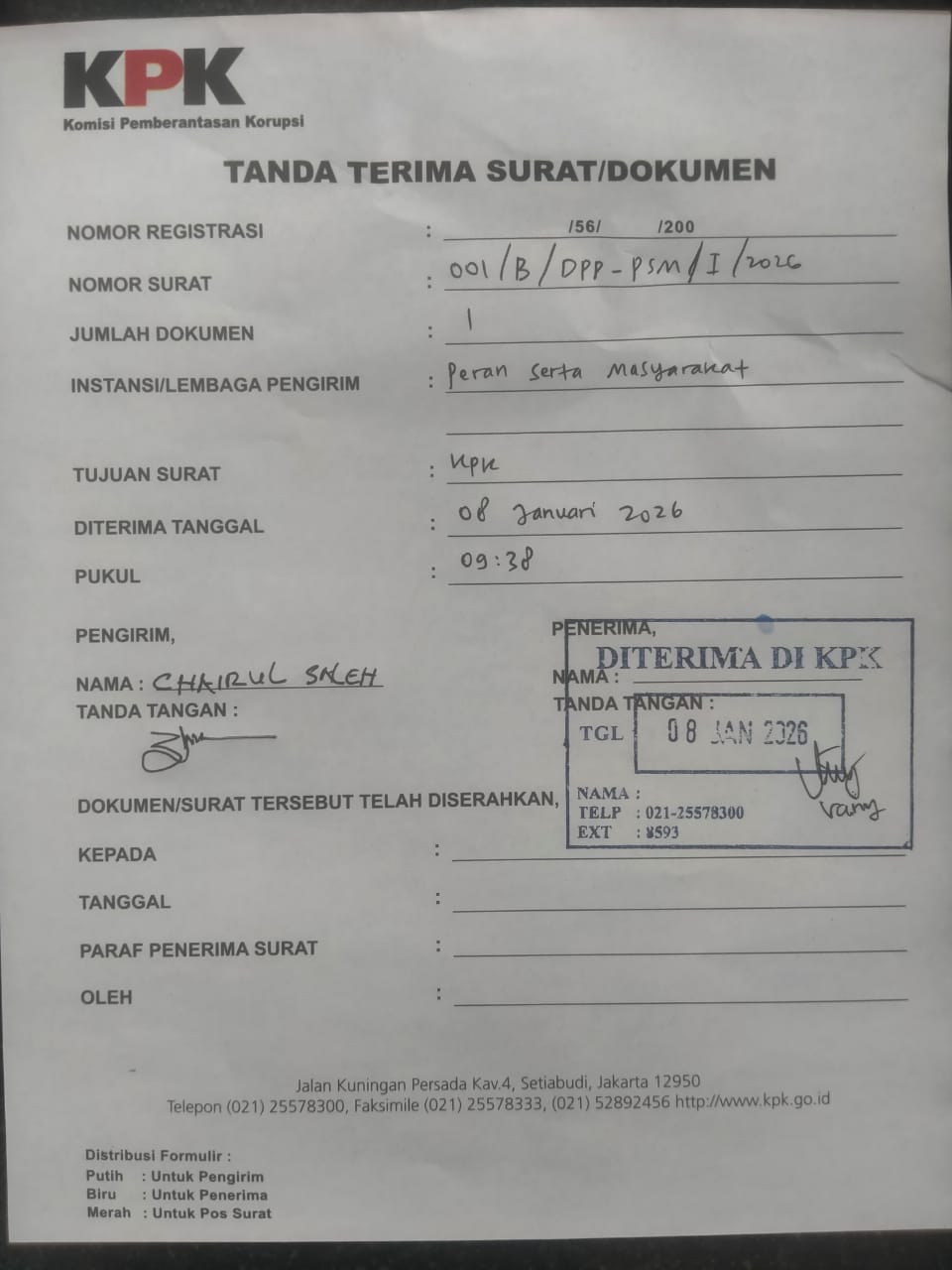 Tanda Terima Laporan Khairul Di KPK
